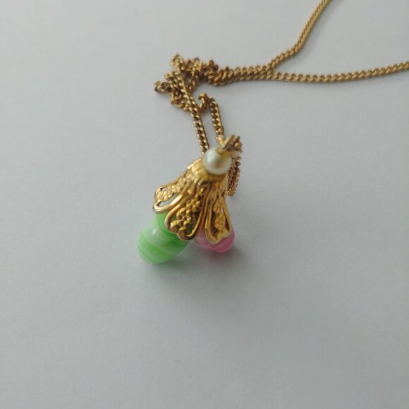 Short gold necklace with blue pink green pendant - Picture 7 of 11